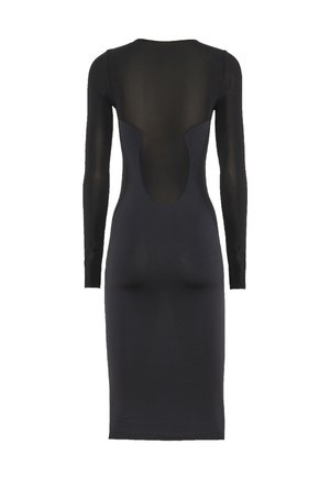 Schwarzes langärmeliges Kleid mit einem transparenten Rückenteil und körpernahem Schnitt, knielang mit glatter Textur.