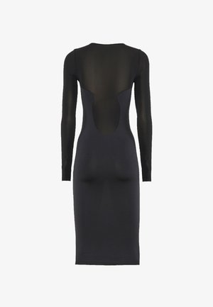 Abito nero a maniche lunghe con pannello posteriore trasparente e design aderente, lungo fino al ginocchio con una texture liscia.