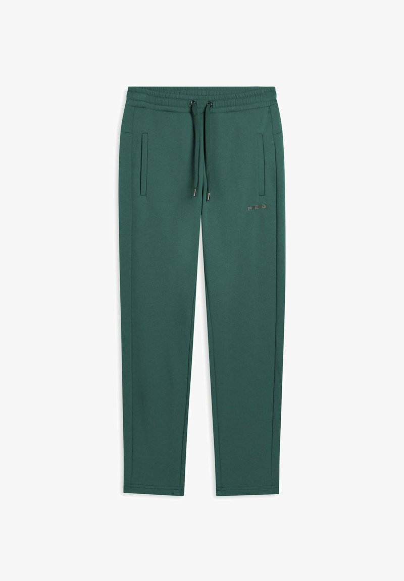 Pantaloni sportivi verdi a gamba affusolata con vita elasticizzata, coulisse, tasche laterali e piccolo logo "FREDDY" sulla coscia sinistra.