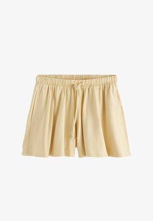 Pantaloni scurți casual bej cu talie elastică și șnur frontal, cu buzunare laterale și croială largă, lejeră.