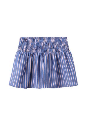 Jupe à rayures verticales bleu et rose avec une large bande smockée et un tissu froncé créant une silhouette évasée.