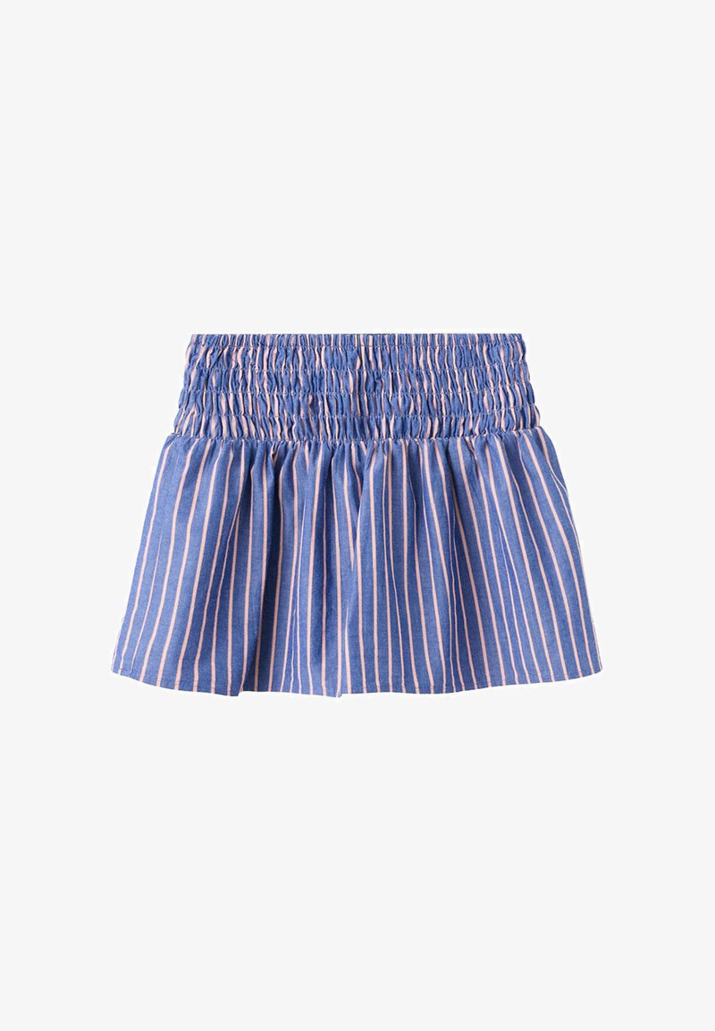 Jupe à rayures verticales bleu et rose avec une large bande smockée et un tissu froncé créant une silhouette évasée.