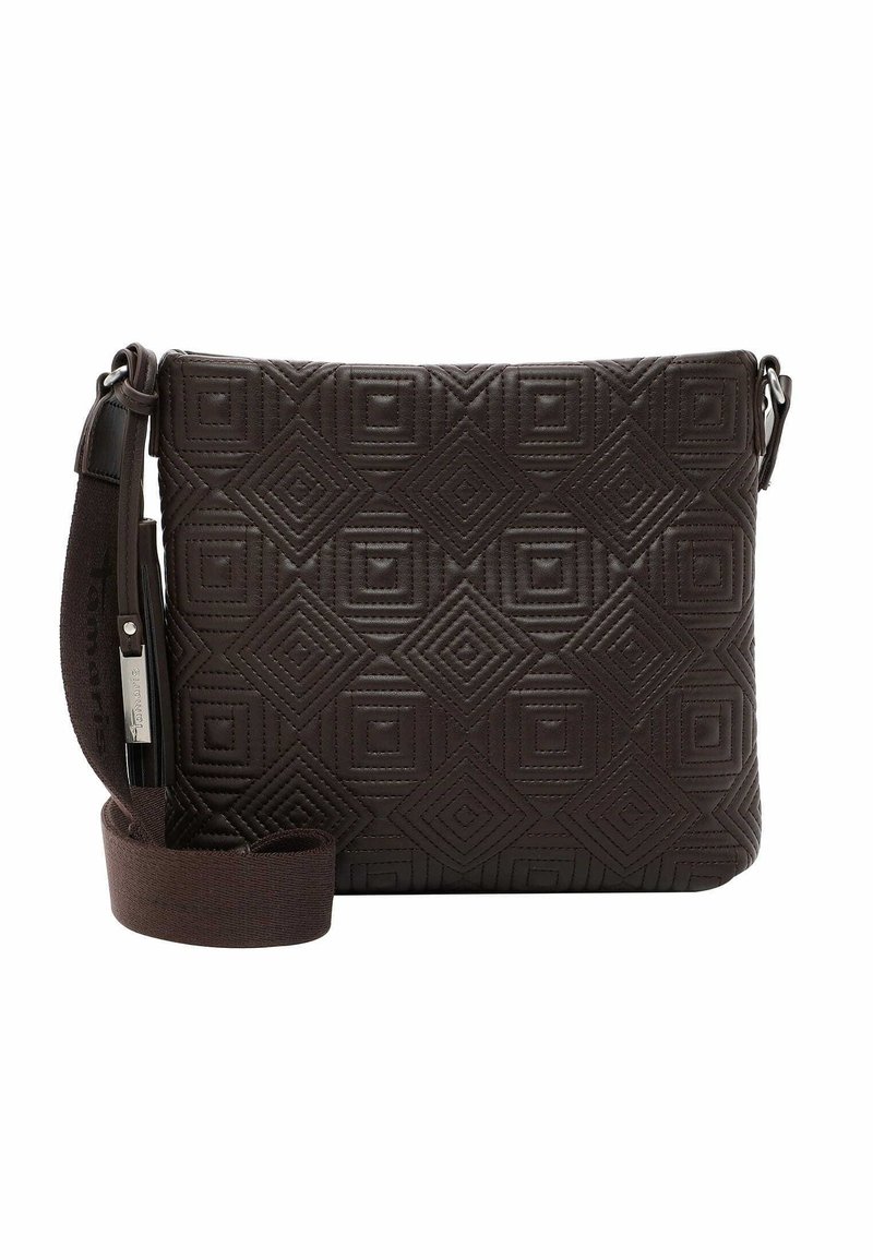Borsa a tracolla imbottita marrone con motivo geometrico a diamante, tracolla regolabile e dettagli in metallo argentato. Presenta una texture in pelle liscia.