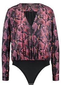 Langärmliger Bodysuit mit V-Ausschnitt, ausgestattet mit einem pinken und schwarzen Schlangenprint, elastischem Bund und schwarzem Druckknopfverschluss am Boden.