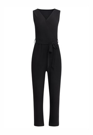 Zwarte, mouwloze jumpsuit met een V-hals, wikkelontwerp en een strikceintuur in de taille. Gemaakt van een gestructureerde stof, met rechte, enkel-lange pijpen.