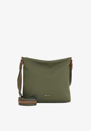 Oliviroheline õlakott reguleeritava rihmaga, millel on pruunid detailid ja väikene metallist brändilogo alumise keskmise osa lähedal.