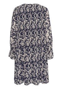 Robe fleurie en bleu marine avec une texture transparente, dotée de manches longues, d'un buste froncé et d'une ouverture en clé dans le dos.