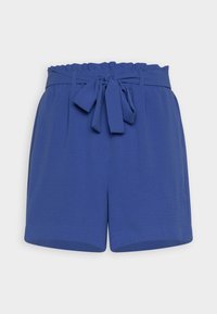 Modré kraťasy s žebrovaným pasem, mašlí jako detail a volným střihem. Vyrobeny z měkké látky, s kapsami na přední straně.