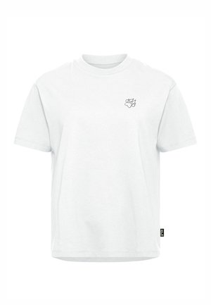 Maglietta bianca in cotone con scollo rotondo, maniche corte e un piccolo disegno nero di un'impronta di zampa sul lato sinistro del petto.