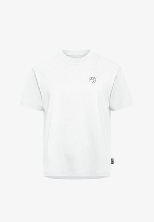 Maglietta bianca in cotone con scollo rotondo, maniche corte e un piccolo disegno nero di un'impronta di zampa sul lato sinistro del petto.