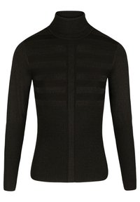 Zwarte coltrui met geribbelde textuur en horizontale streepaccents. Zachte gebreide stof, nauwsluitend ontwerp en lange mouwen.