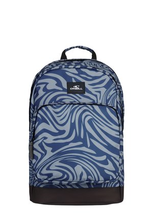 Blauw en grijs rugzak met swirl-patroon, een zwarte basis en O'Neill-logo op de voorzak, voorzien van een bovenhandvat.