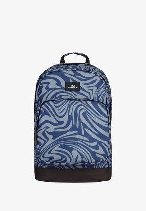 Blau-grau gemusterter Rucksack mit Wirbelmuster, schwarzem Boden und O'Neill-Logo auf der Vordertasche, mit einem oberen Tragegriff.