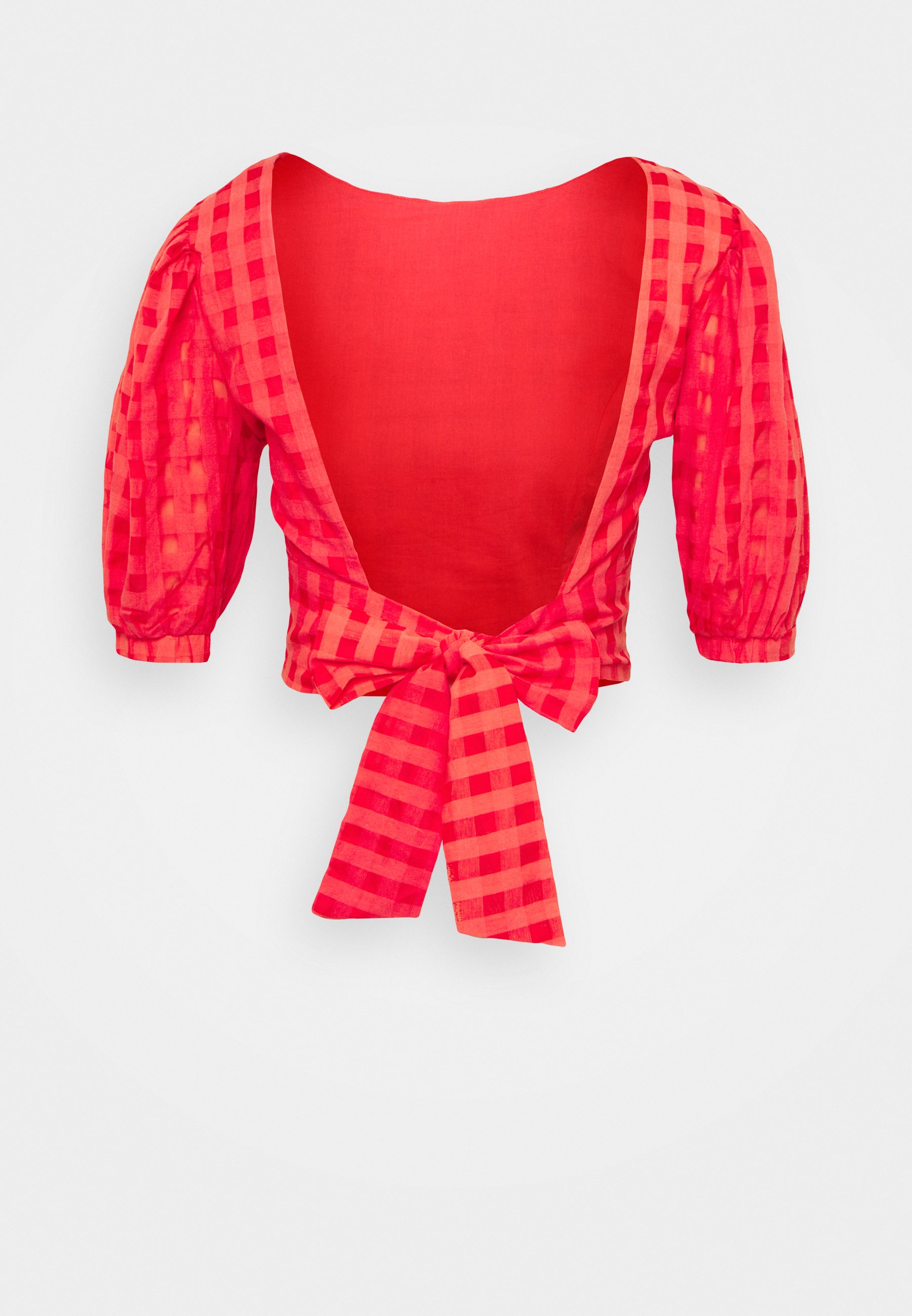 Donna PUFF SLEEVE CROP WITH FRONT TIE - T-shirt con stampa - red Donna PUFF SLEEVE CROP WITH FRONT TIE - T-shirt con stampa - red