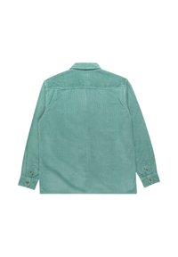 Long-sleeve, light teal corduroy shirt with a button-down collar, featuring tonal vertical stripes and two-button cuffs.