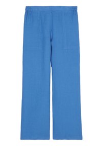 Blauwe linnen wijde broek met een elastische tailleband en twee zakken aan de voorkant. Vlakke textuur, casual ontwerp, rechte snit.