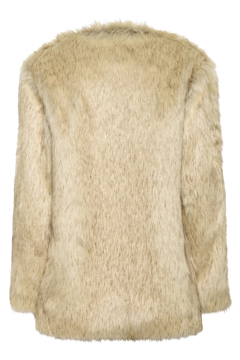 Faux-Fur-Jacke in hellbeige, mit weicher und strukturierter Oberfläche, runder Halslinie und langen Ärmeln, ohne sichtbare Verschlüsse.