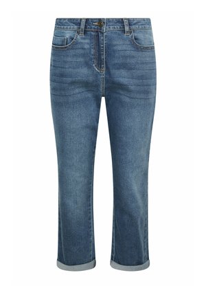 Midblauwe denim jeans met een slanke pasvorm, knopen aan de voorkant, omgeslagen zomen, zakken aan voor- en achterkant, en subtiele vervagingseffecten.