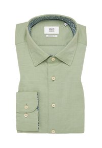 Camicia verde chiaro con vestibilità moderna, dotata di colletto button-down e rivestimento interno dei polsini decorato. I bottoni sono di colore crema.