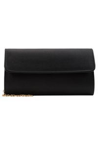 Černá obdélníková spojka s klopou a krátkým zlatým řetízkem připevněným na jedné straně.