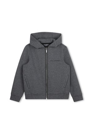 Sweat à capuche zippé gris foncé avec manches longues, poches avant et capuche, avec un texte de logo discret sur la poitrine.