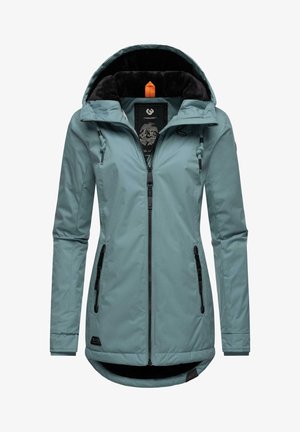 Light blue waterproof jacket with a hood, black zipper, and side pockets. Soft black lining and prominent orange hanging loop in hood.