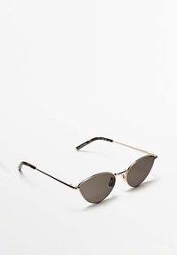 Metal sunglasses with an oval shape, dark lenses, and thin gold frames. Temples feature a tortoiseshell design at the tips.