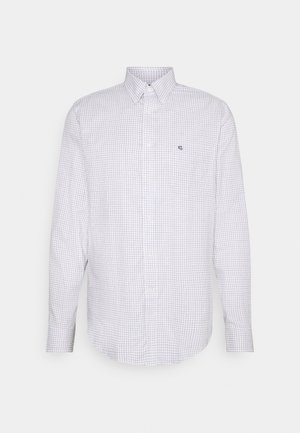 Wit overhemd met lange mouwen, knopen en een klein zwart ruitpatroon, met een button-down kraag, plat en van voren getoond.