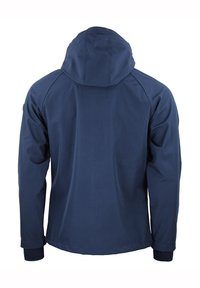 Chaqueta azul marino con capucha, con una textura de tela suave, mangas largas y sin cierres ni logotipos visibles en la parte posterior.