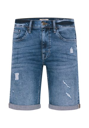 Șorturi din denim de culoare albastru mediu, cu detalii uzate, cu margini răsucite, cinci buzunare și închidere cu nasture metalic. Croială standard.