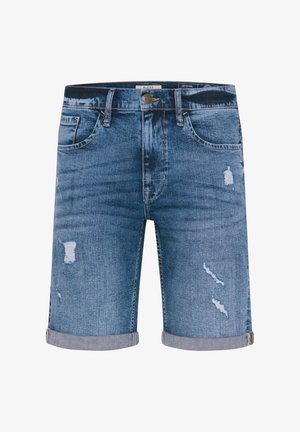 Shorts in denim di blu medio con dettagli strappati, orli risvoltati, cinque tasche e chiusura con bottone metallico. Vestibilità standard.