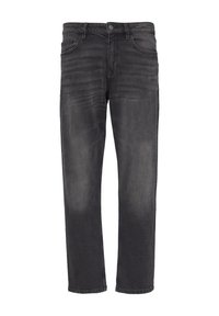 Czarne dżinsy z prostym krojem, z zamkiem błyskawicznym, szlufkami na pasek i delikatnym przetarciem na udach. Brak widocznych ozdób.