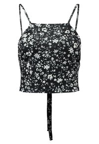Černý květinový crop top s bílými květinovými vzory, nastavitelnými tenkými ramínky a uzlem v pase. Hladká tkanina s přiléhavým střihem.