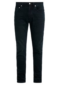 Black denim jeans with a slim fit, featuring two front pockets, a coin pocket, and a metal button closure. Smooth texture, minimal detailing.