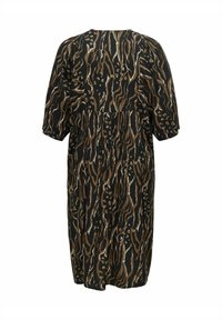 Rochie neagră cu un model abstract în nuanțe de maro și crem. Dispune de un croi lejer, mâneci scurte și o cusătură pliată la talie. Textură netedă.