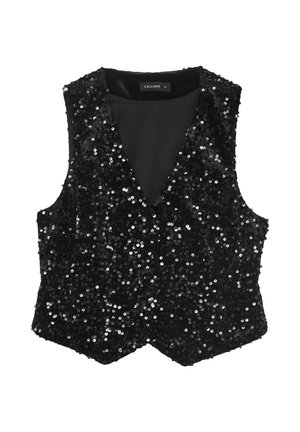 Black sequined vest with a deep V-neckline and no sleeves, featuring a smooth inner lining and a fitted silhouette.