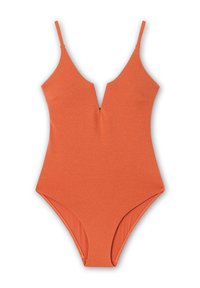 Maillot de bain une pièce en tissu orange texturé ; présente un décolleté en V profond et des bretelles fines ; bords lisses et design ajusté.