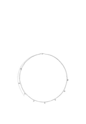 Delicate double-layer silver chain necklace with small round silver charms evenly spaced along the lower chain.