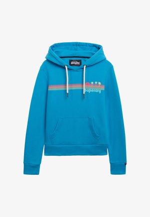 Niebieska bluza z kapturem, kieszenią z przodu, białymi sznurkami do regulacji oraz wielokolorowym paskiem z motywem palmy i napisem "Superdry" na piersi.
