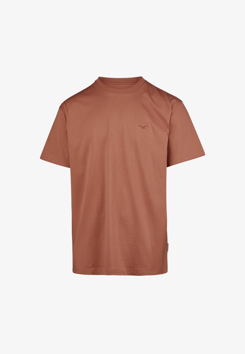 Brown short-sleeve t-shirt made of cotton, featuring a crew neck and a small logo accent on the chest. Soft texture and relaxed fit.