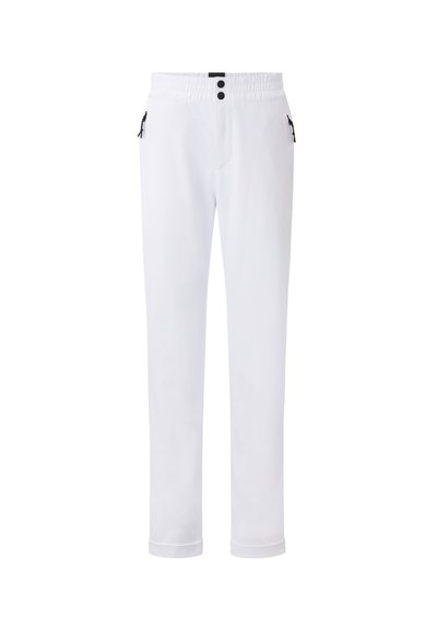 White pants with a relaxed fit, elastic waistband, two zippered pockets, and two black buttons at the waist. Smooth texture and straight legs.