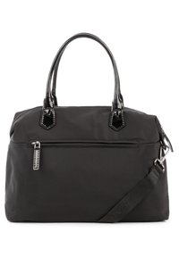 Sac à main en nylon noir avec des poignées en cuir verni noir brillant, fermeture éclair et poche zippée à l'avant. Dispose d'une bandoulière réglable pour plus de polyvalence.