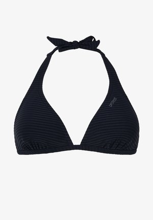 Czarny, teksturowany top bikini z dekoltem typu halter z trójkątnymi miseczkami i wiązaniem na szyi, z subtelnym wzorem pasków i małym logo.