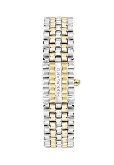 Hõbe- ja kuldne roostevabast terasest käekell, millel on kahetone disain, poleeritud lingid ja keskne klamber, millel on kiri "FERRAGAMO."