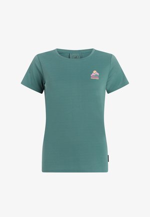 Kortärmelig tealkleurige sportshirt voor dames met een kleine roze en oranje berglogo op de borst.