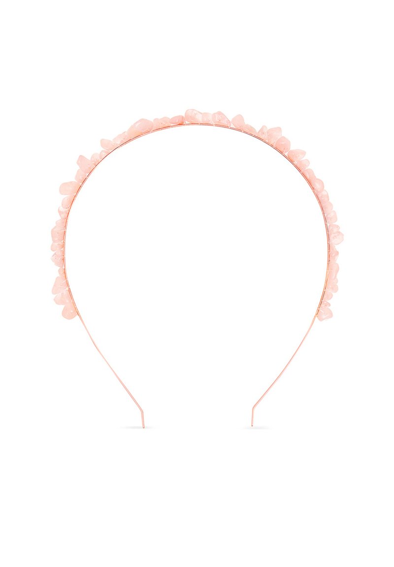 Fascia rosa con una cornice color rame, decorata con piccoli e lucidi cristalli rosa incastonati lungo il bordo superiore, creando un effetto texture.