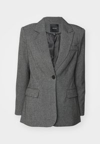 Šedý blazer s texturovanou tkaninou, s jedním předním knoflíkem, dvěma předními kapsami a klopovým límcem. Interiér má hladkou černou podšívku.