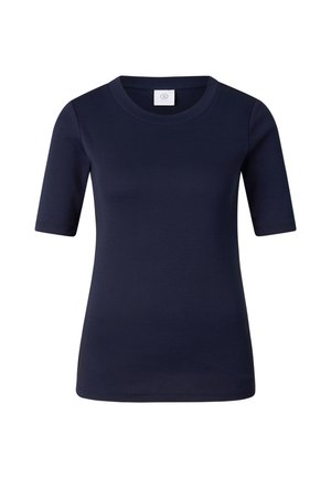 Marineblå tætsiddende t-shirt med korte ærmer og rund halsudskæring samt en lille hvid label inde i kraven.