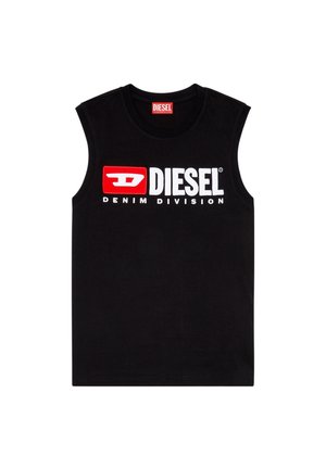 Zwarte mouwloze katoenen shirt met een opvallend wit logo en rode accenten met de tekst "DIESEL DENIM DIVISION" op de voorkant.