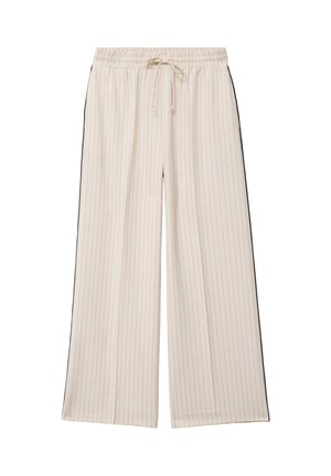 Pantaloni a gamba larga color crema con sottili righe verticali, vita elastica e coulisse frontale, con strisce laterali nere.